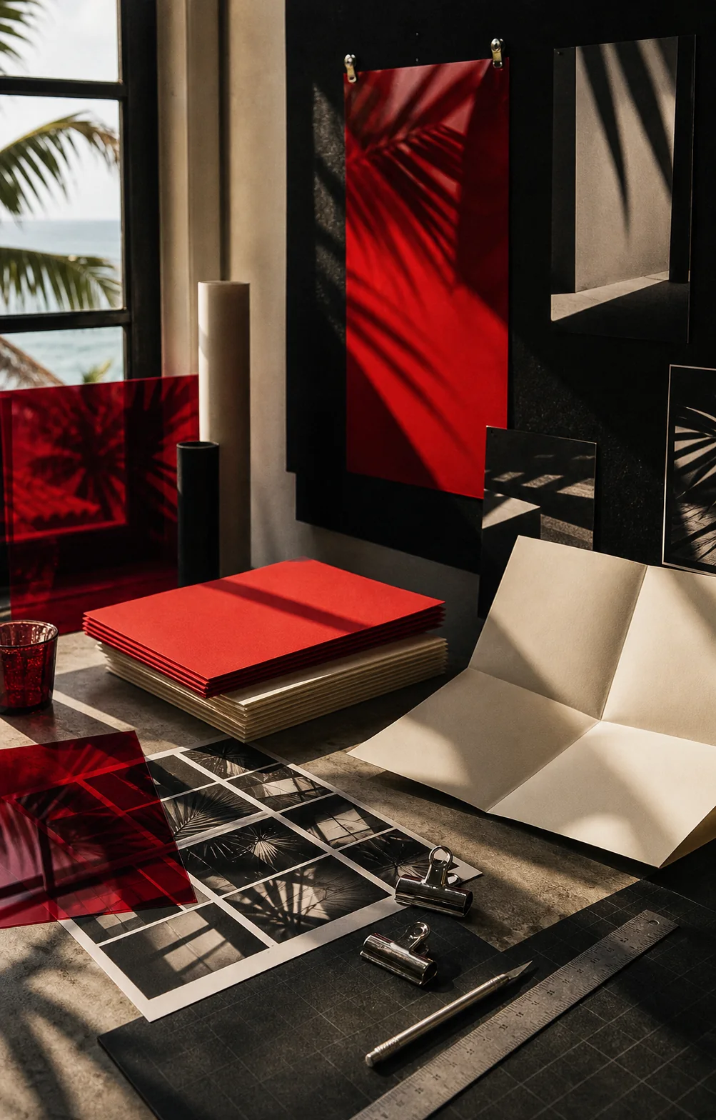 A campaign design table with red and ivory paper