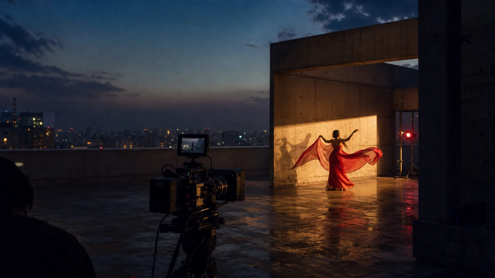 A cinema camera filming a dancer on a Delhi rooftop at blue hour