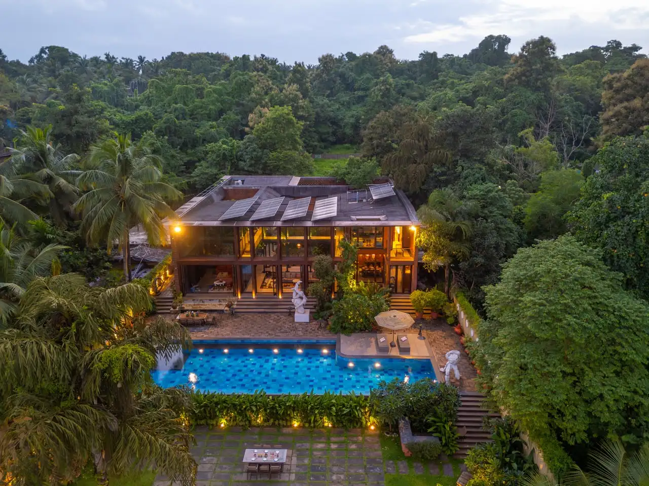 Aerial view at dusk, El Glass Villa